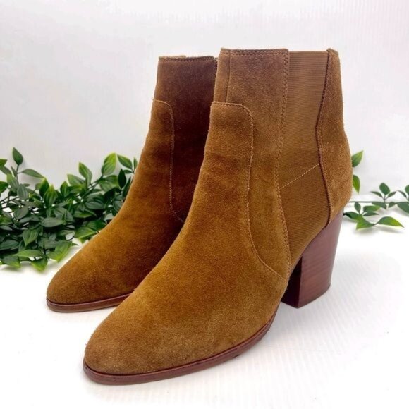 Soludos Emma Chesnut Suede Ankle Booties Tan Leather Block Heel Boots 9